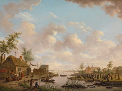 Landschap met vissers en turfstekende boeren in het laagveen door Hendrik Willem Schweickhardt